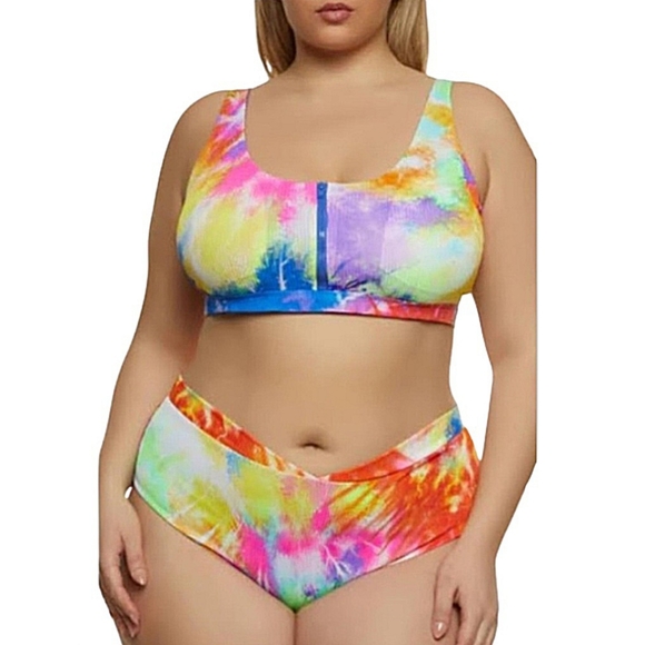SEXY ☆ RAINBOW TIE DYE ZIP FRONT ☆ CAGED RIBBED BIKINI ☆ NWT - Picture 12 of 12